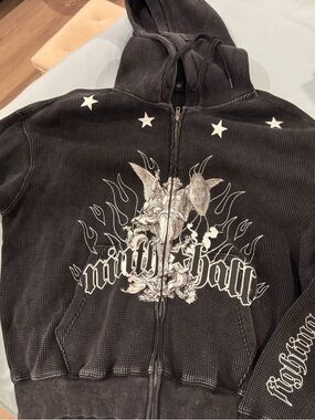 Black Zip-Up Hooded Sweater with White Graphic